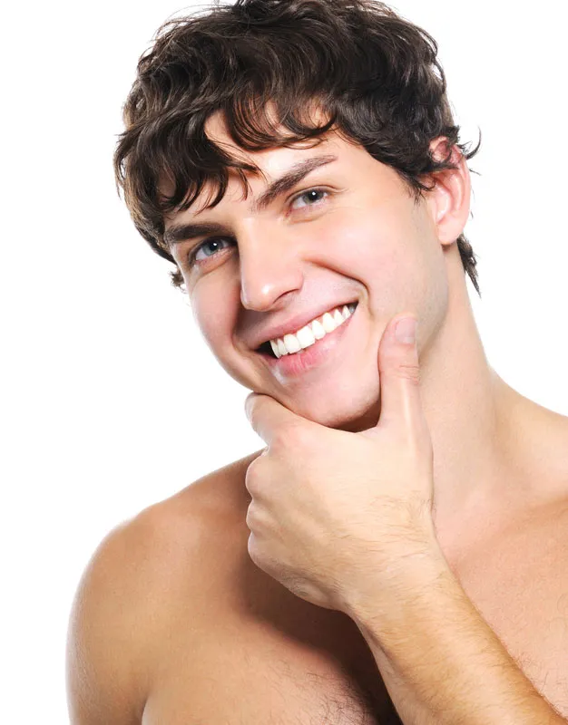Acne-Treatment Zoomed-in image of clear skin on a smiling man's face, highlighting successful acne treatment by Vitality Medical in Seattle.