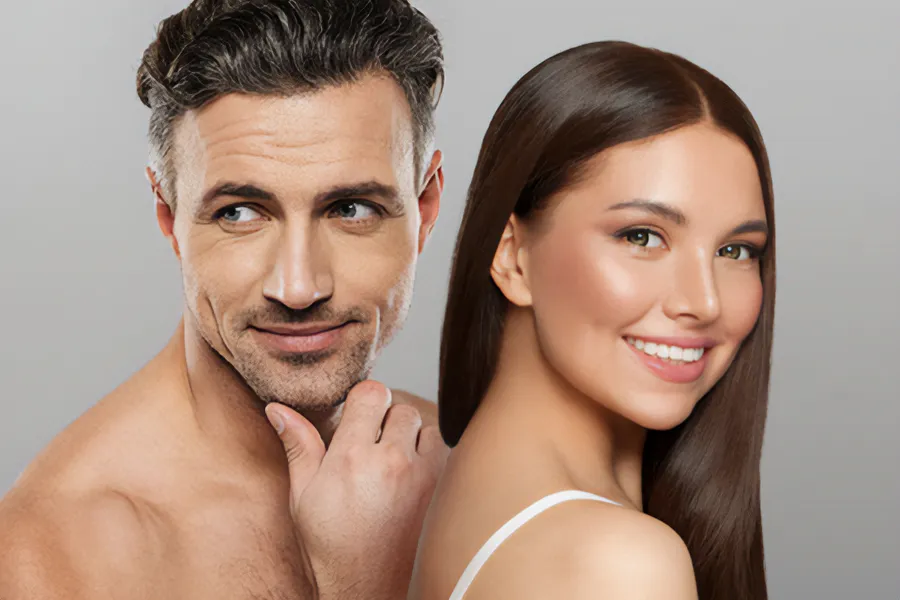 A handsome man and beautiful brunette woman stand against a gray background showing their smooth beautiful skin resulting from aesthetic and cosmetic care from Vitality Medical in Seattle.