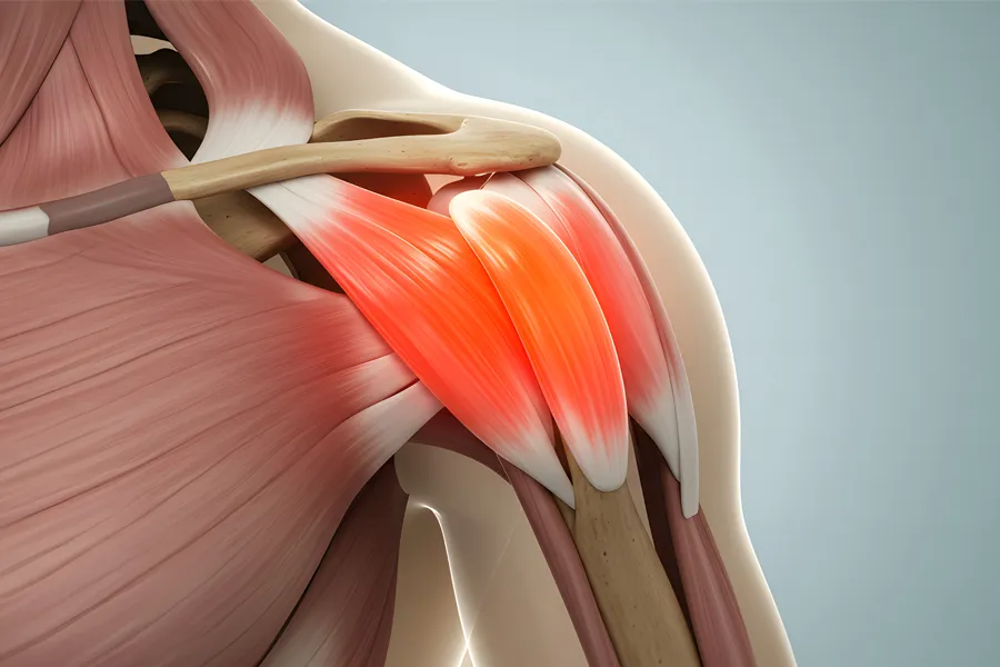 Bursitis-Clinic 3D illustration of human musculature with the shoulder highlighted. Get treatment for Bursitis from Vitality Medical in Seattle.
