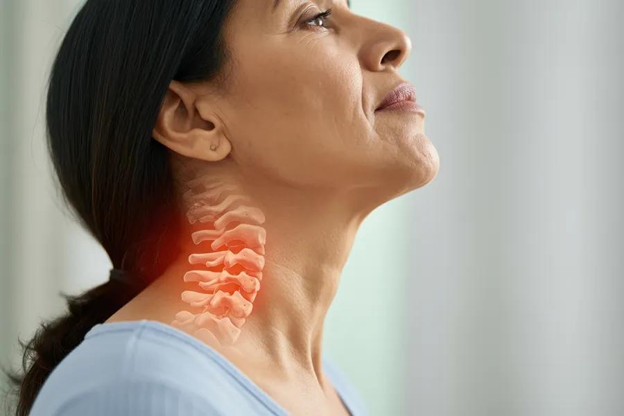 Degenerative-Disc-Disease-Clinic A middle-aged woman with a 3D illustrated spine transposed over her neck. Get treatment for degenerative disc disease from Vitality Medical in Seattle.