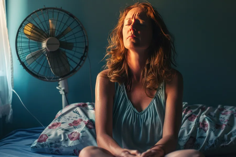 Hot-Flashes-and-Night-Sweats-Clinic A middle-aged red-haired woman sits in bed sweating with a fan behind her, unable to sleep. Get treatment for hot flashes and night sweats from Vitality Medical in Seattle.