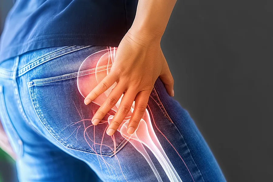 LCL-Tears-Clinic A woman holds her hip in pain. Schedule treatment for LCL tears from Vitality Medical in Seattle.
