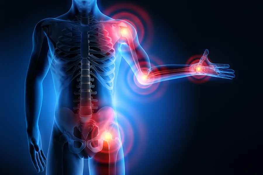 3D illustration of a human body under x-ray, with highlights on the joints. Get PRP for joint pain from Vitality Medical in Seattle.