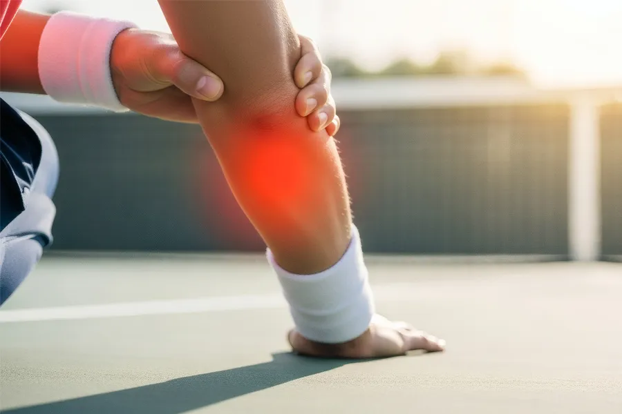 A man holds his painful elbow on a tennis court. Get treatment for tennis elbow from Vitality Medical in Seattle.