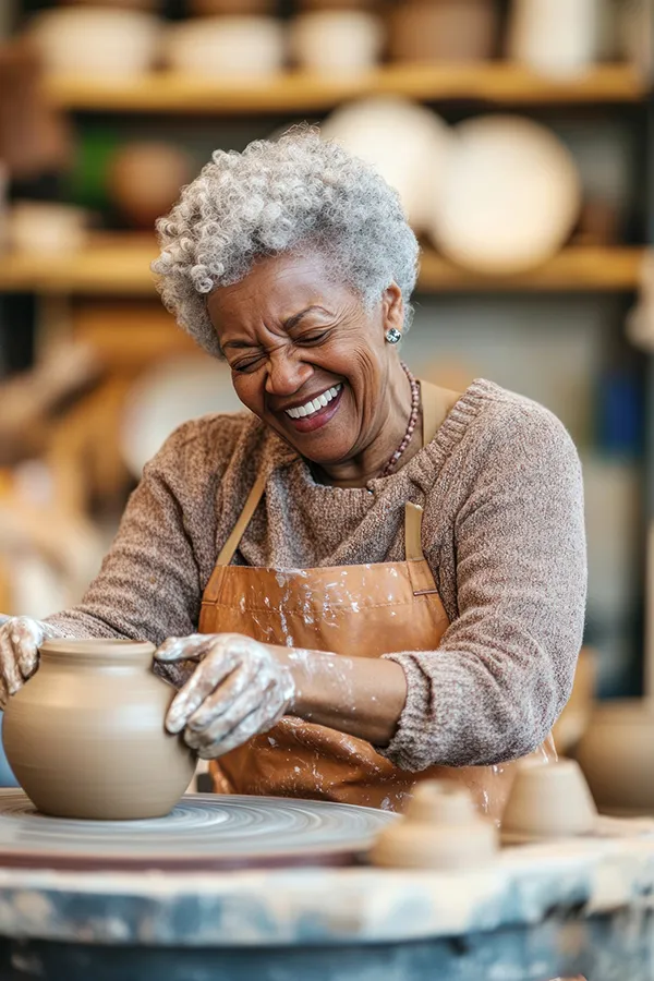 A mature black woman happily works at a ceramic wheel. Get the Vitality Medical Signature Senolytic Protocol from Vitality Medical in Seattle.